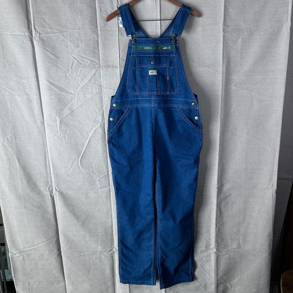 Liberty Blue Denim Bib Overalls Green Zipper Contrast Stitch Workwear Womens L